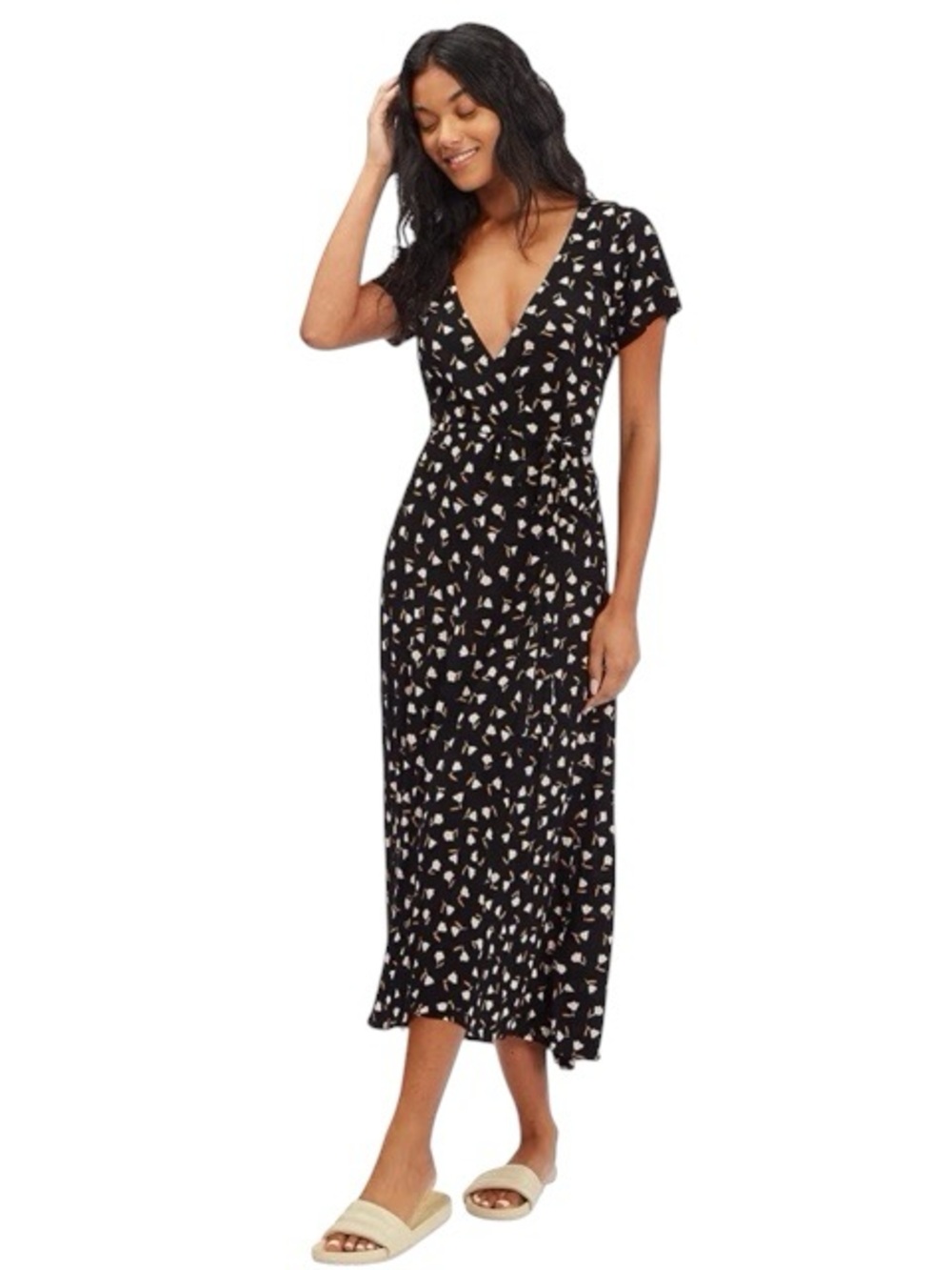 Billabong Black Floral Wrap Midi Dress with Light Pink Floral Print